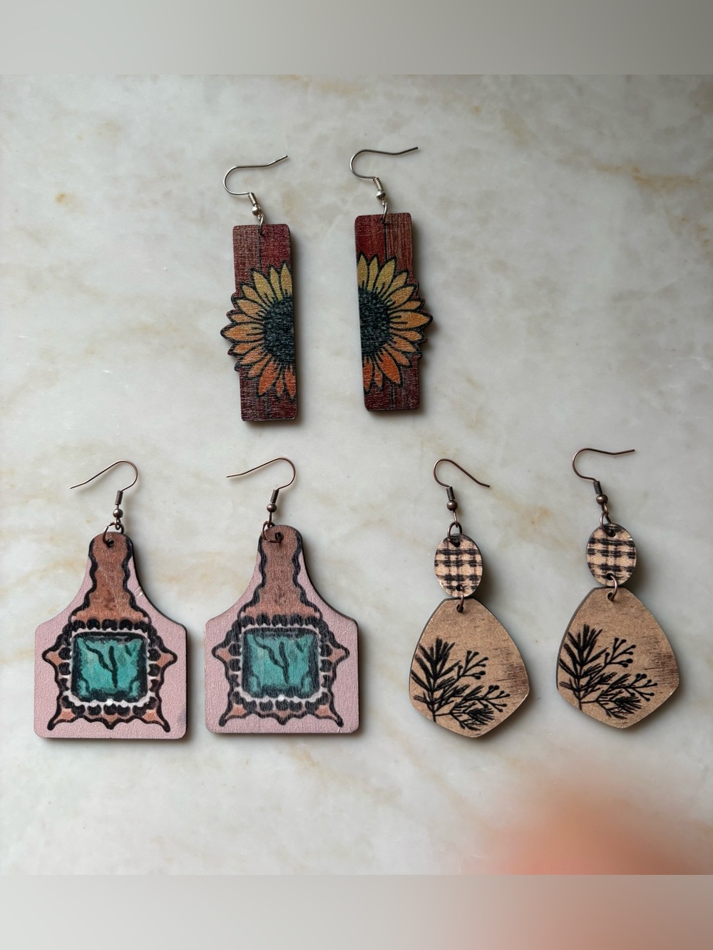 Western Wooden Bundle Earrings Double Sided Sunflower Leaves